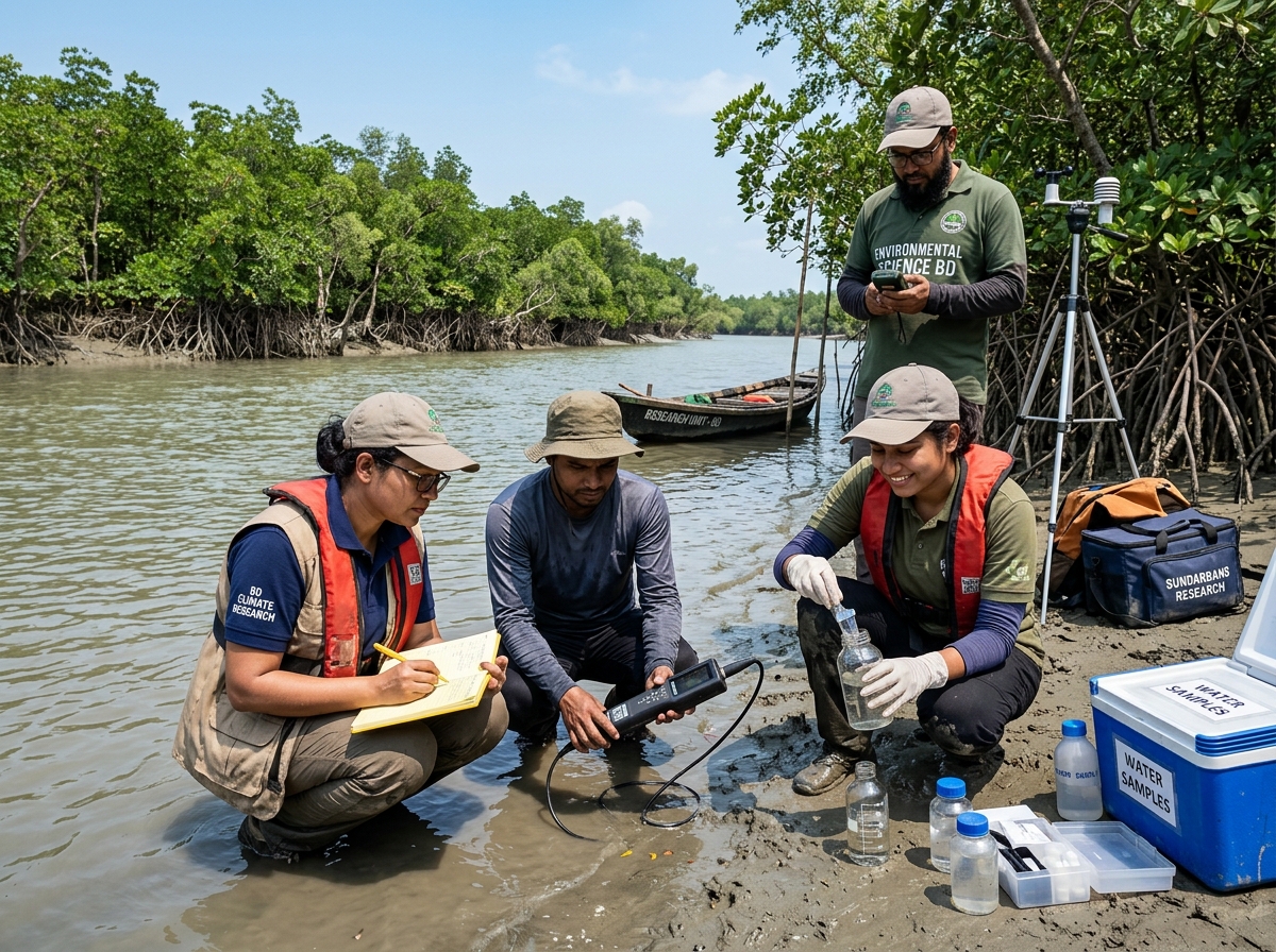 Researchers conducting climate delta water sampling