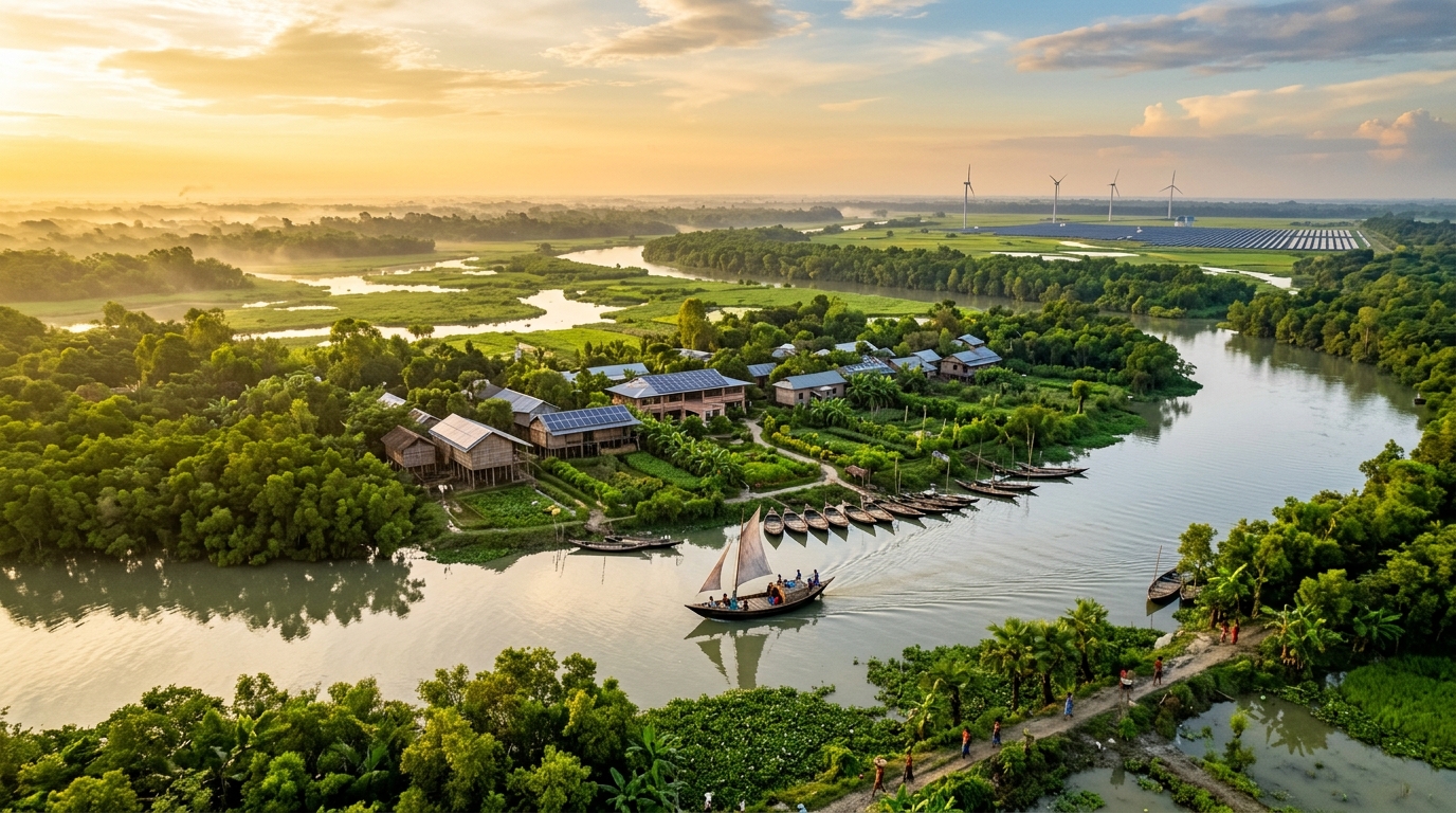 Bangladesh Delta Landscape with Solar Eco-Village and Rivers